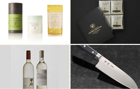 Japanese corporate gift ideas from four brands: green tea gift set, Sumiyaki pour-over coffee gift box, Koshu wine set and a handmade Santoku knife