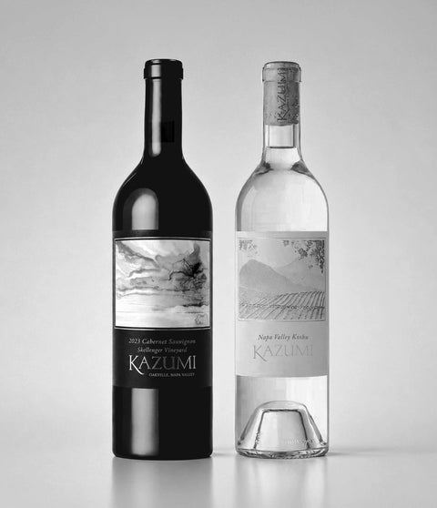Two wine bottles, one red and one white, with labels on a gray background
